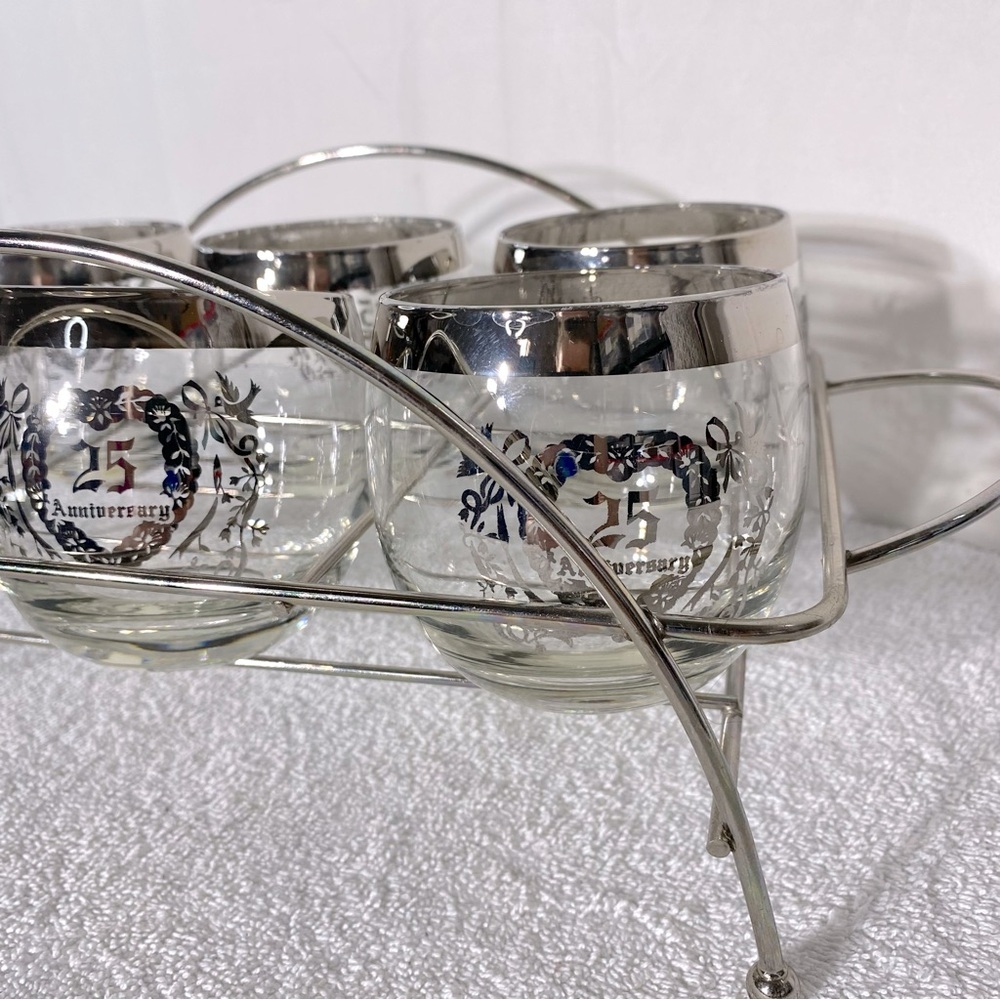 Vintage MCM 25th Anniversary Roly Poly Glasses W Silver Rim & Chrome Caddy - Picture 9 of 12